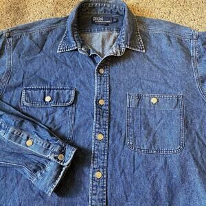 Polo Ralph Lauren Shirt Mens XL Blue Denim Long Sleeve Overshirt Pocket Work 90s